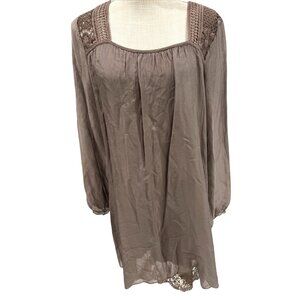 Giulia Italian Brown Silk & Lace Dress Long Sleeve Square Neck Size L